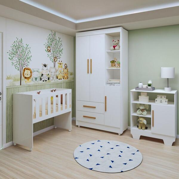 Quarto infantil com paredes cinzas e verdes, berço e cômodas brancos e quadros decorativos para quarto de animais.