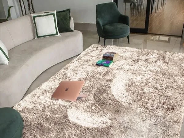 Tapete de lã bege posicionado em uma sala de estar.