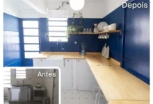 Duas imagens mostrando o antes e o depois de uma reforma de cozinha antiga e pequena.