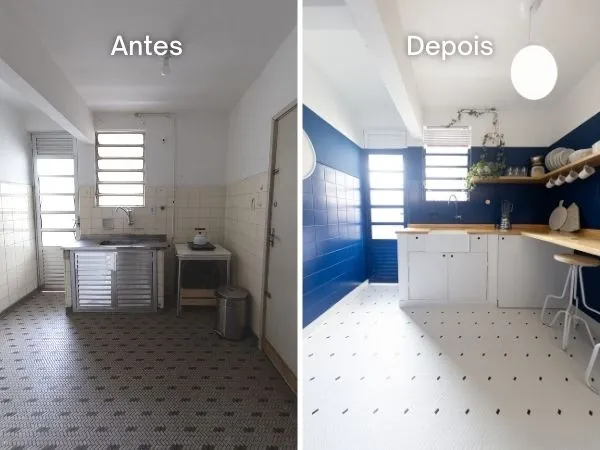 Duas imagens de uma cozinha pequena e antiga com pisos de cores claras.