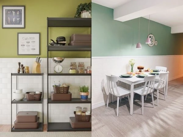 Duas cozinhas com meia parede em tons verdes, uma com prateleira preta e outra com mesa e cadeiras brancas.