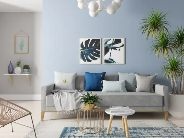 Sala com parede azul bebê, sofá cinza com almofadas azuis, mesa de centro e planta ao lado do sofá.