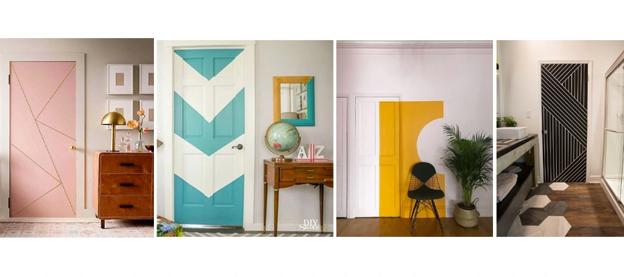 Quatro ideias de portas coloridas, sendo uma rosa, uma azul e branca, uma com parte amarela e outra preta com detalhes brancos.