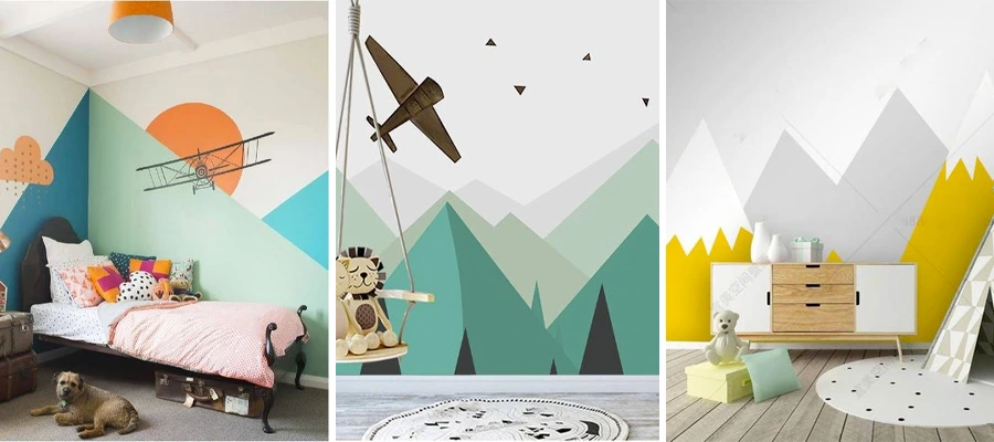 Três ideias de paredes com desenhos de aviões e montanhas.