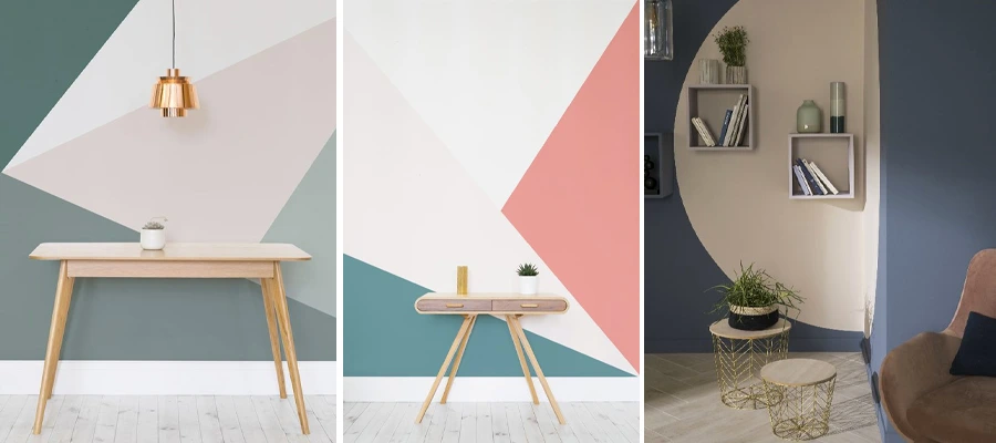 Três ideias de paredes coloridas com figuras geométricas triangulares, retangulares e circulares.