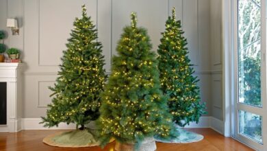 Três árvores de Natal verdes decoradas com piscas-piscas e saias.