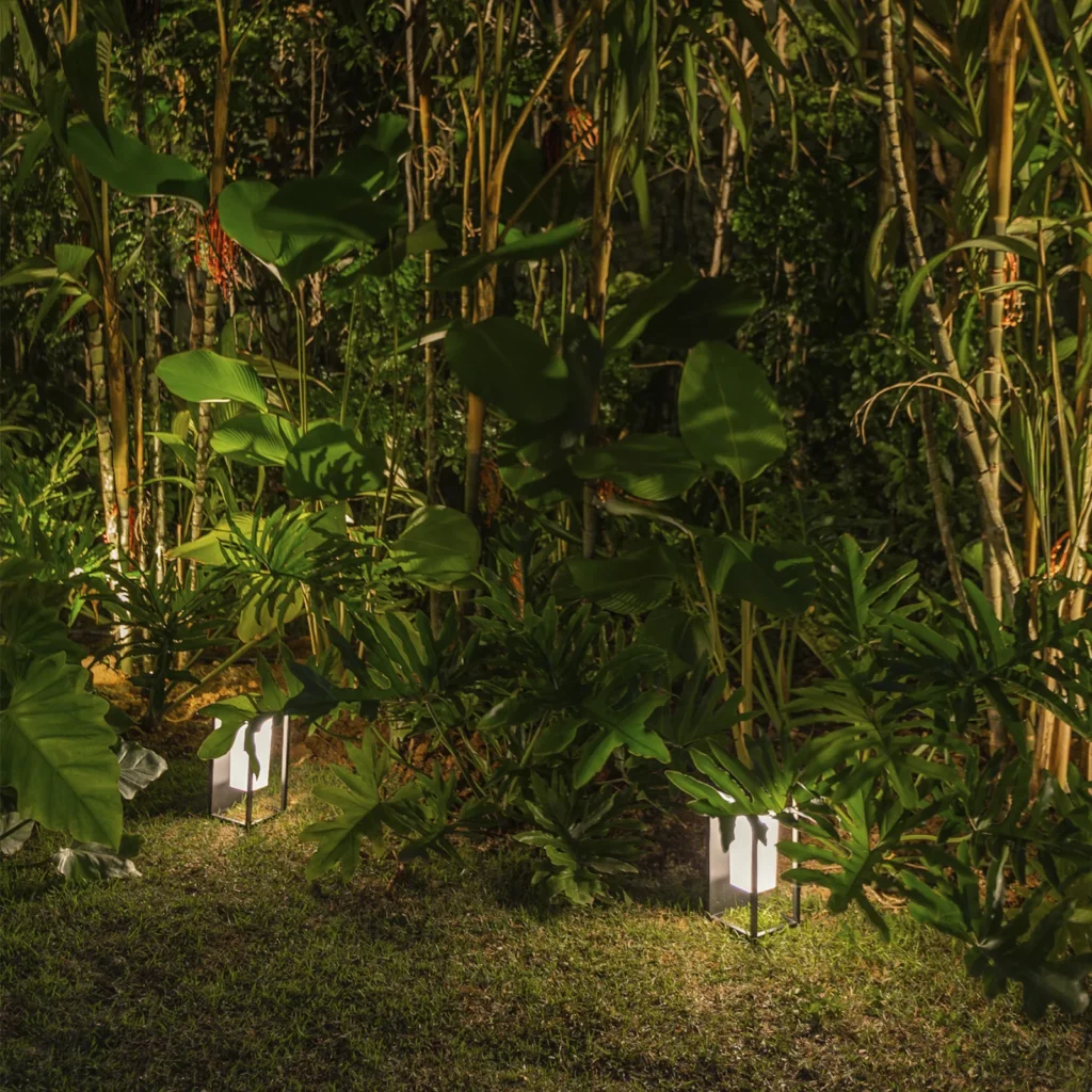 Vegetação verde iluminada por duas arandelas solares retangulares.