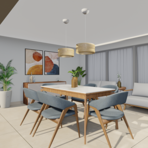 À esquerda, área externa com mesa e bancos. À direita, projeto 3D do mesmo espaço com propostas de decoração.