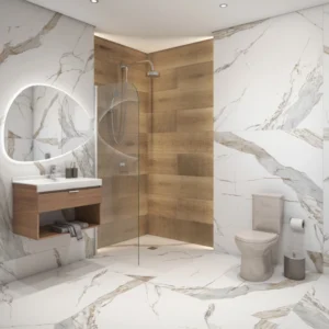 Banheiro com paredes e piso marmorizados e vaso sanitário bege.