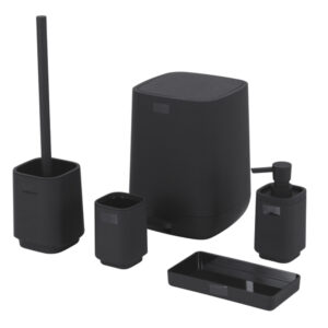 Kit Acessórios de Bancada para Banheiro 5 Peças Plástico Preto em fundo cinza.