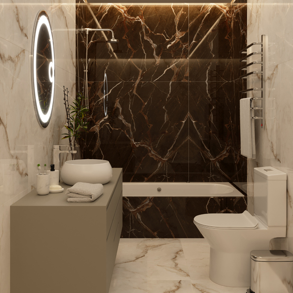 Banheiro escuro: Banheira de Hidromassagem Duratta Projecta em banheiro revestido em mármore