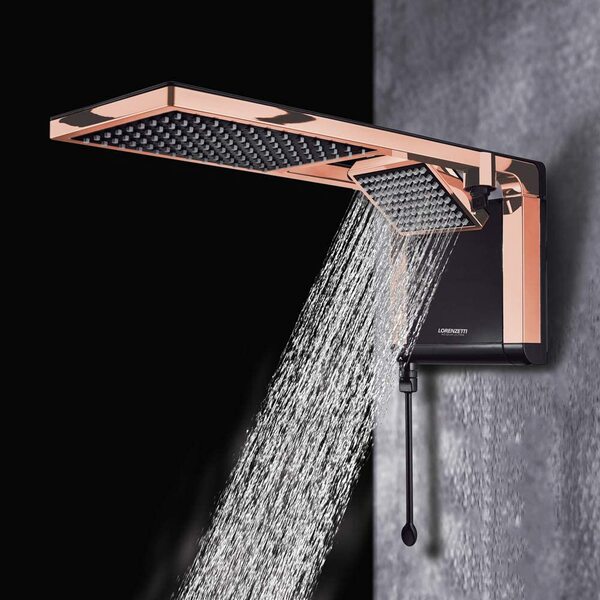 Chuveiros grandes: Chuveiro Grande Duo Rose Gold e Preto ligado