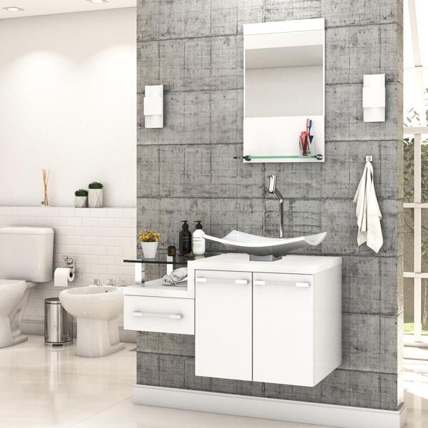 Banheiro cinza e branco: Conjunto balcão com cuba e espelheira