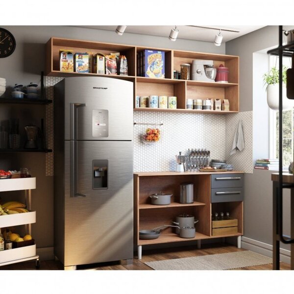 cores de armário de cozinha planejado: Cozinha Compacta em MDF Castanho/chumbo com 5 Portas, 2 Gavetas e Balcão com Tampo
