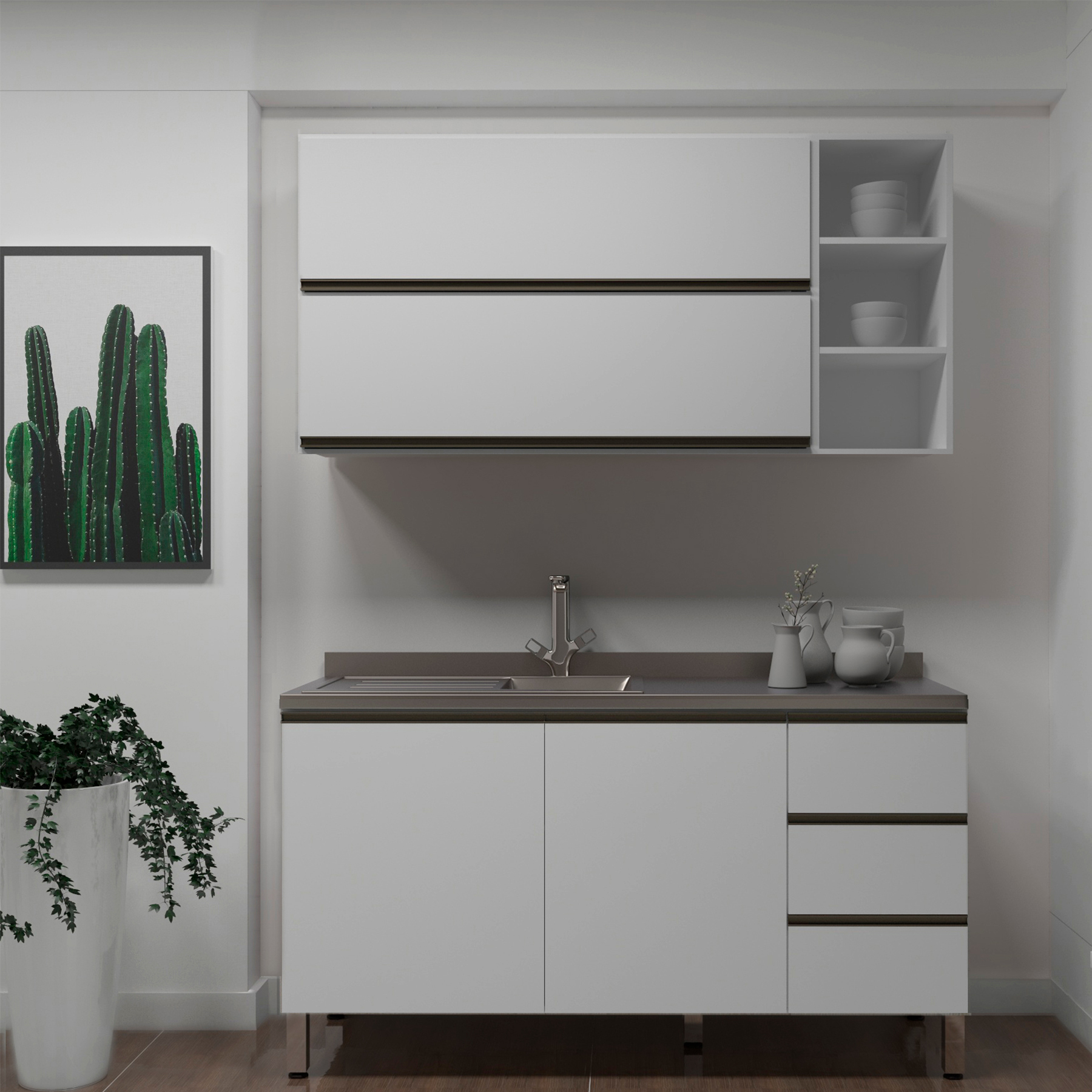 Ideias para armário de cozinha planejado: Cozinha Compacta com Gabinete e Armário Aéreo