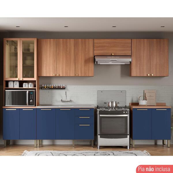 cores de armário de cozinha planejado: Cozinha Completa 6 Peças com Paneleiro de Vidro em azul