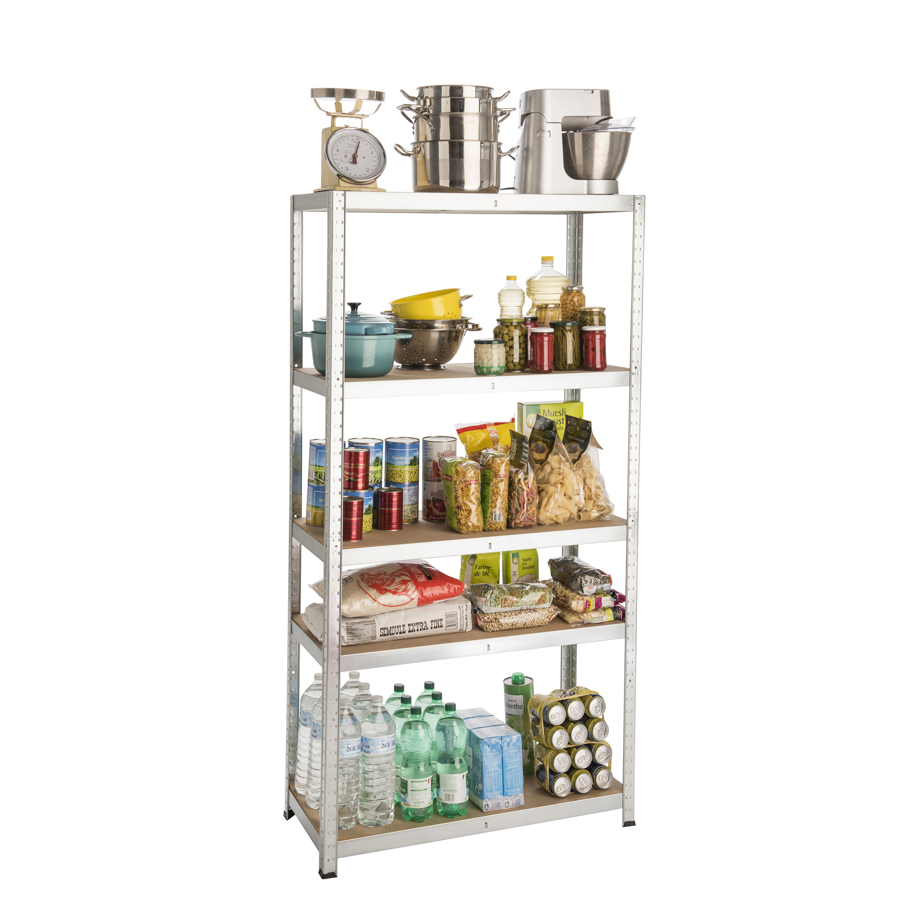 Modelos de estantes: Estante Multiuso Metal Prata Galvanizada Spaceo com alimentos e materiais de cozinha