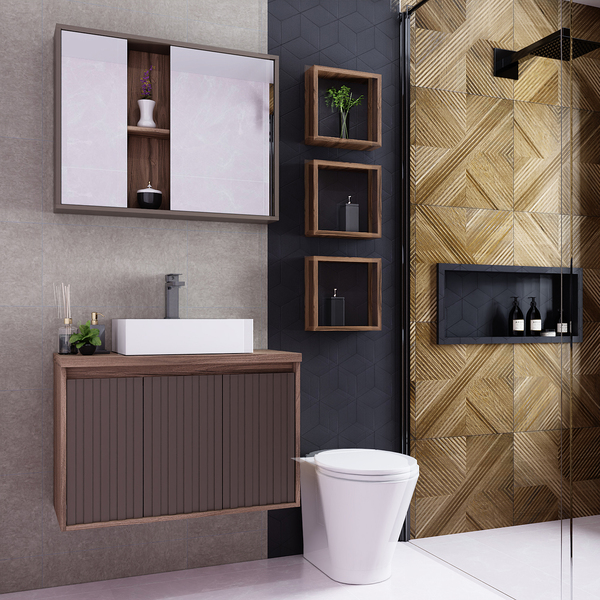 Banheiro escuro: Gabinete para Banheiro Terracota e Marrom Atenas em banheiro decorado