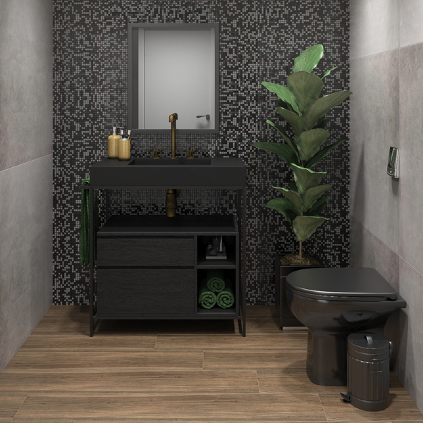 Banheiro escuro: Gabinete para Banheiro com Cuba Preto Steel Wood Venturi em lavabo
