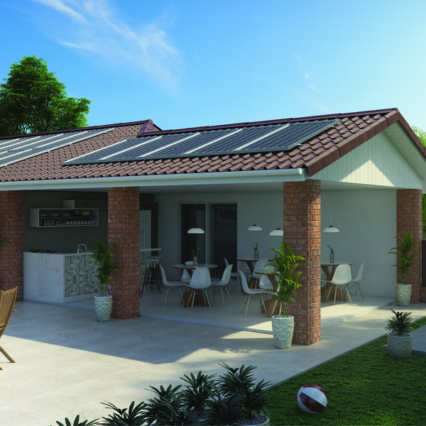 energia solar fotovoltaica: Kit de Placa Solar com 2 Placas 600W em telhado de área gourmet