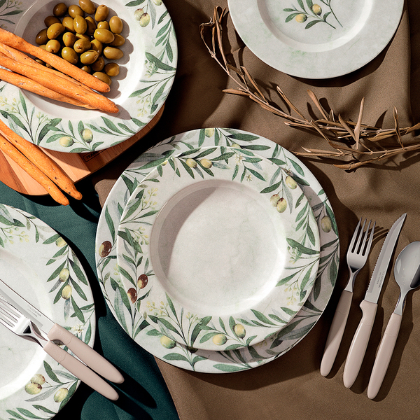 Mesa posta para almoço com Jogo De Pratos Porcelana Decorada Tramontina Oliva