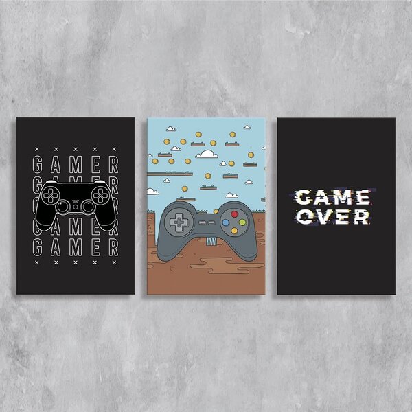 dia do gamer: kit 3 placas decorativas game over