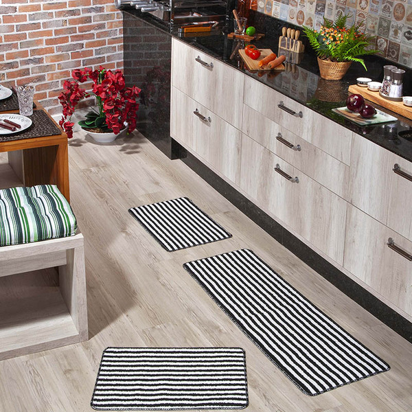 Tapete de cozinha: cozinha com Tapete 3 Peças Preto Listrado