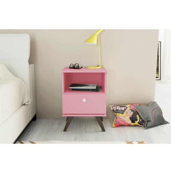 tons de rosa: Mesa de Cabeceira Rosa com Gaveta, Nicho e Pés Palito