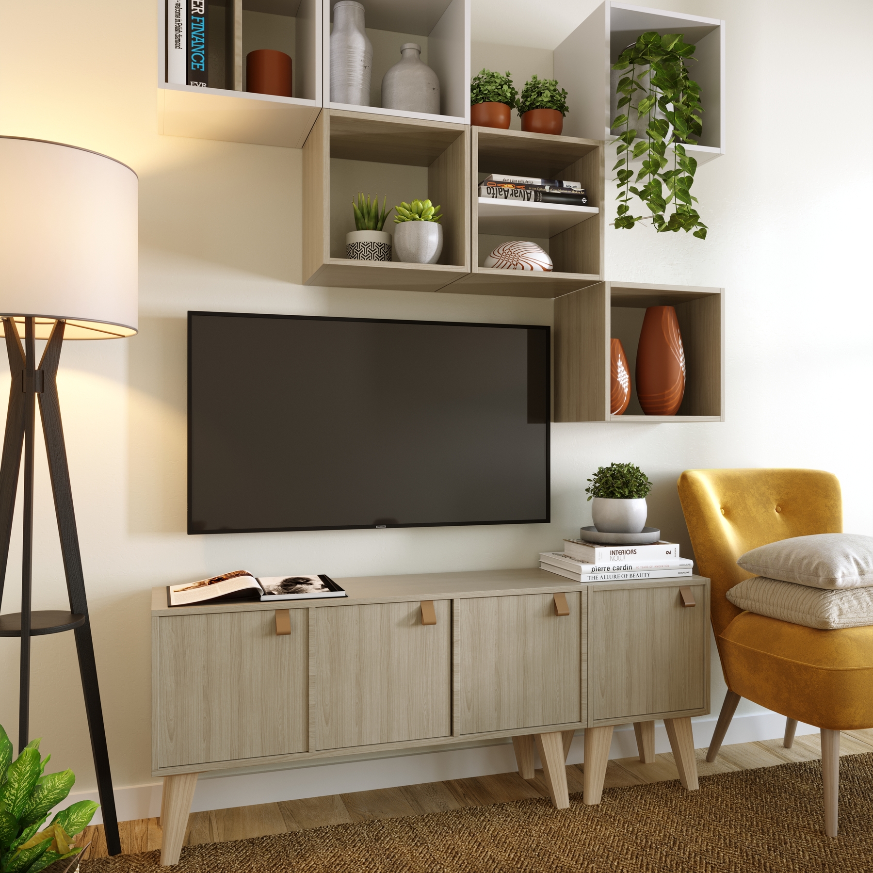 iluminação para sala de estar: sala com Nicho Modular 104,1x35,9x30cm Carvalho KUB