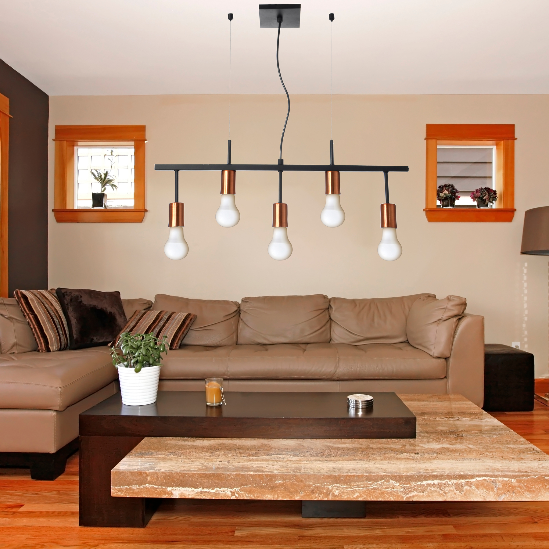 iluminação linear: Pendente Linear 5 Lâmpadas Metal Preto em sala de estar
