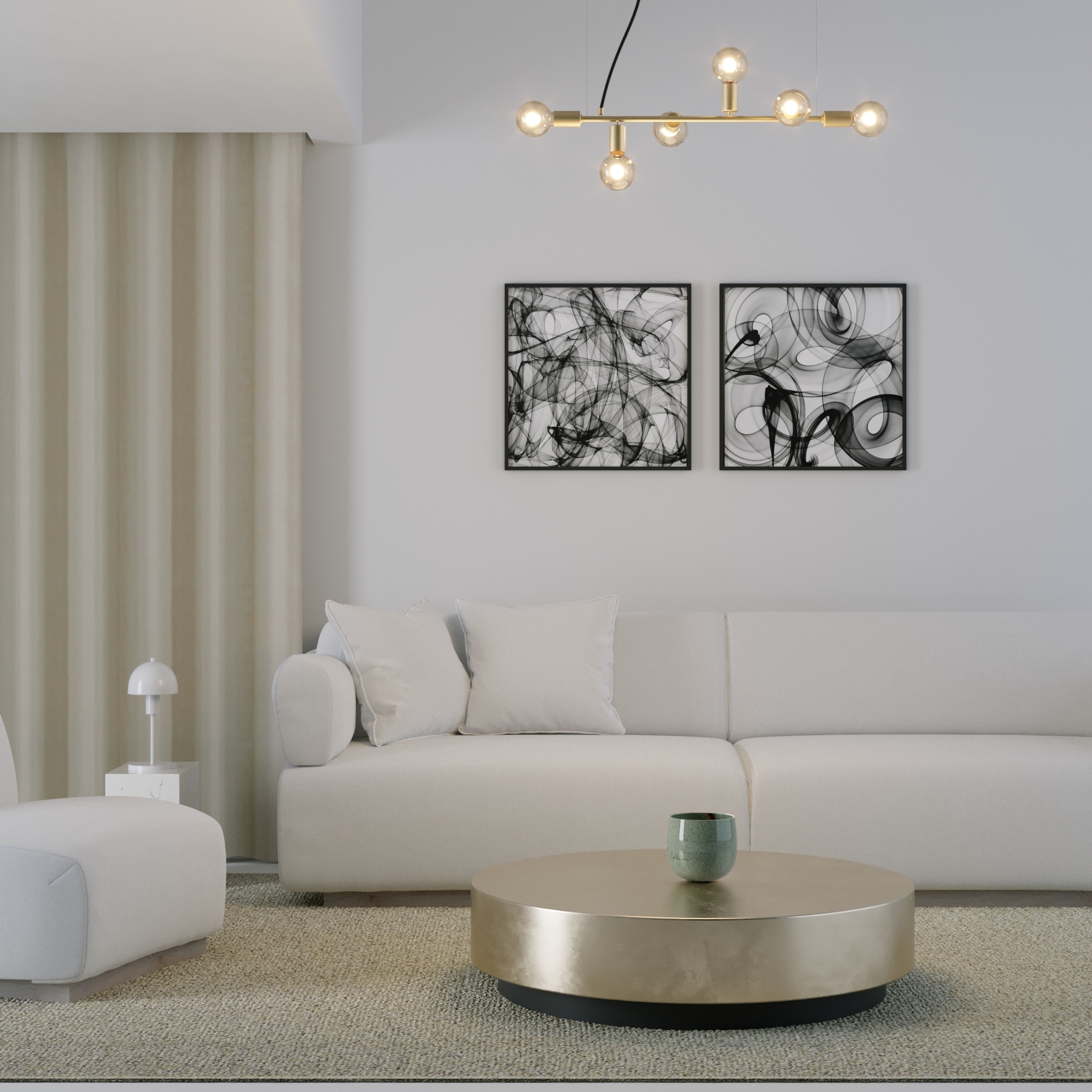 iluminação linear: Pendente Linear 6 Lâmpadas Metal Dourado em sala de estar