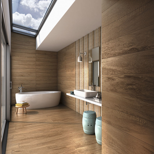 Porcelanato na parede banheiro: banheiro, com iluminação solar, revestido em Porcelanato Muira Caramello Biancogres