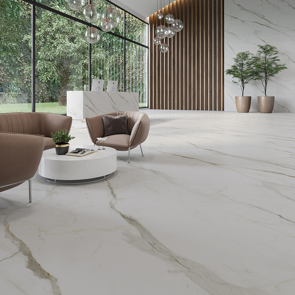 Ambientes com porcelanato: saka ampla com Porcelanato acetinado Calacata Altíssimo Satin Biancogres