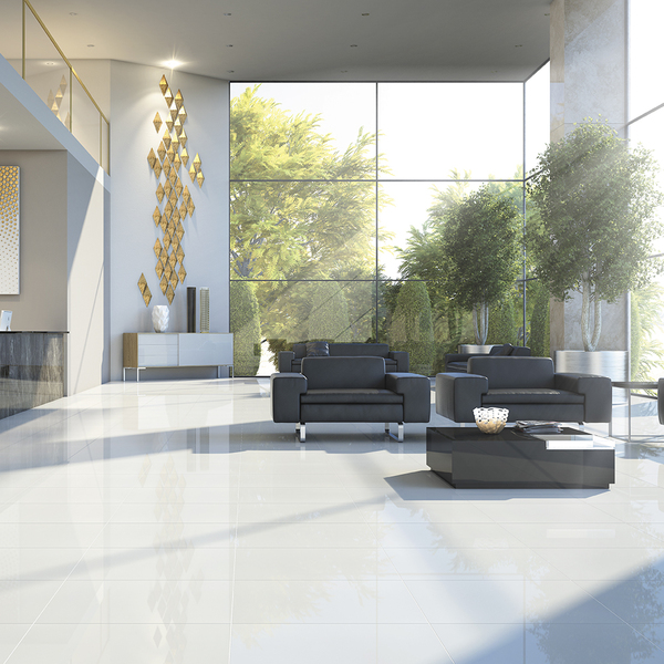 Ambientes com porcelanato: sala de estar com Porcelanato Polido Bianco Elizabeth
