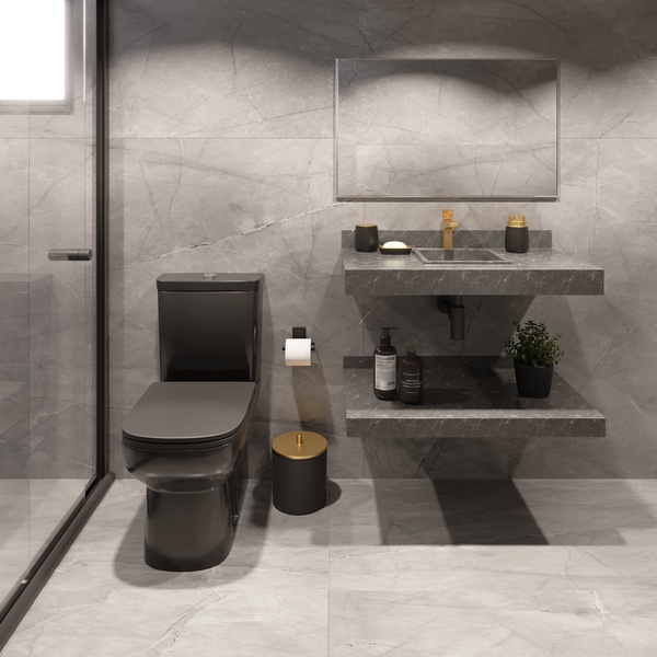 Banheiro escuro: banheiro revestido com Porcelanato Interno Mare D'Autunno Portobello