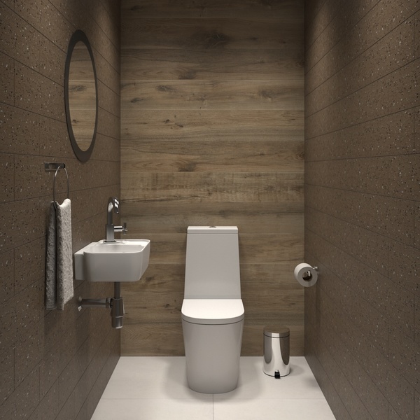 Banheiro escuro: lavabo revestido com Porcelanato Interno Madeira Eliane