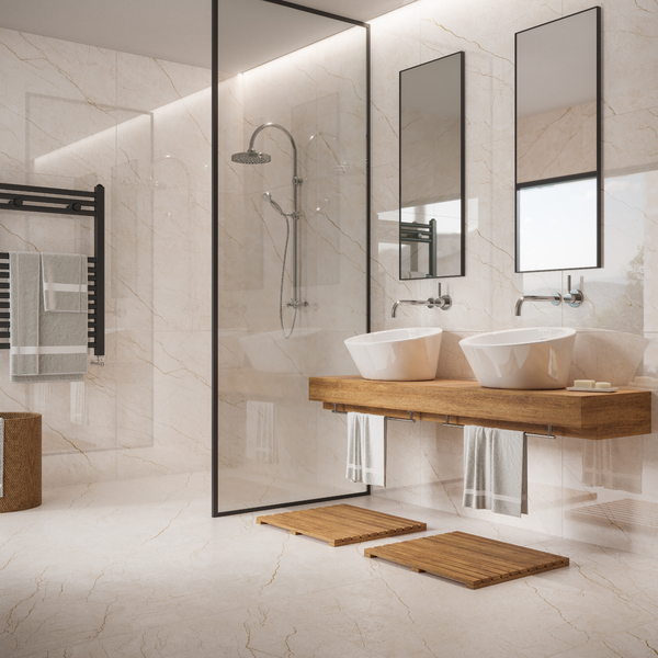 Paredes com porcelanato: banheiro com Porcelanato Interno Acetinado Golden Beige Satin Biancogres
