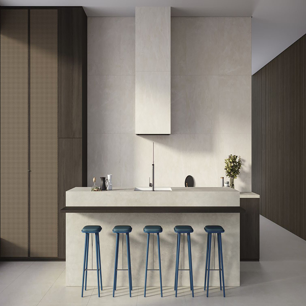 Cozinha clean: Porcelanato Polido Castellon em ilha de cozinha