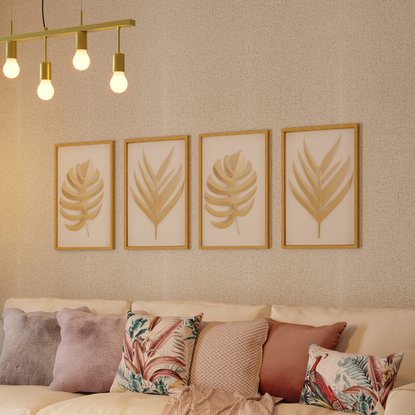 Composição de quadros: sala com quadros de folha dourada