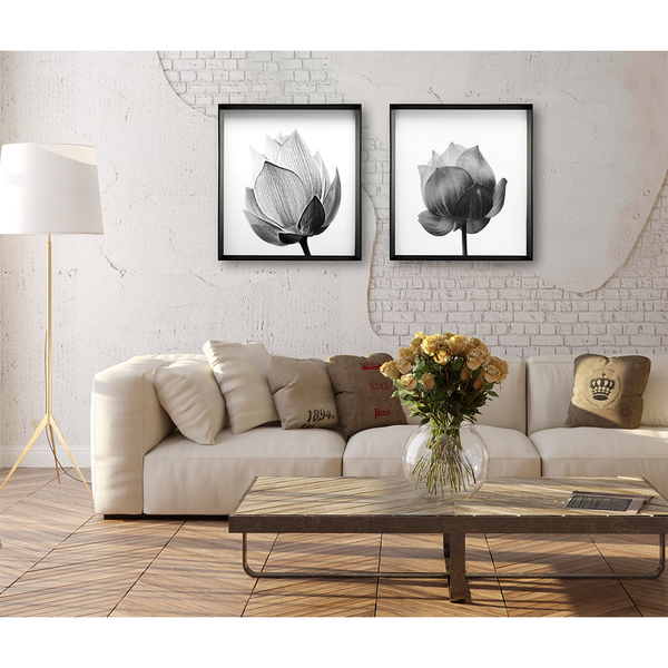 Composição de quadros: sala com Quadro Flor Raio X Preto e Branco