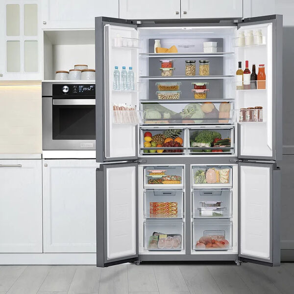 Geladeira que economiza água: cozinha com Refrigerador Midea French Door Inverter Quattro 482 Litros Inox