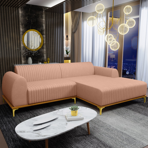Sofá com chaise: sala com Sofá com chaise 3 lugares de linho rosé