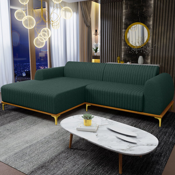 Sofá com chaise: sala com Sofá com chaise 3 lugares em linho verde musgo