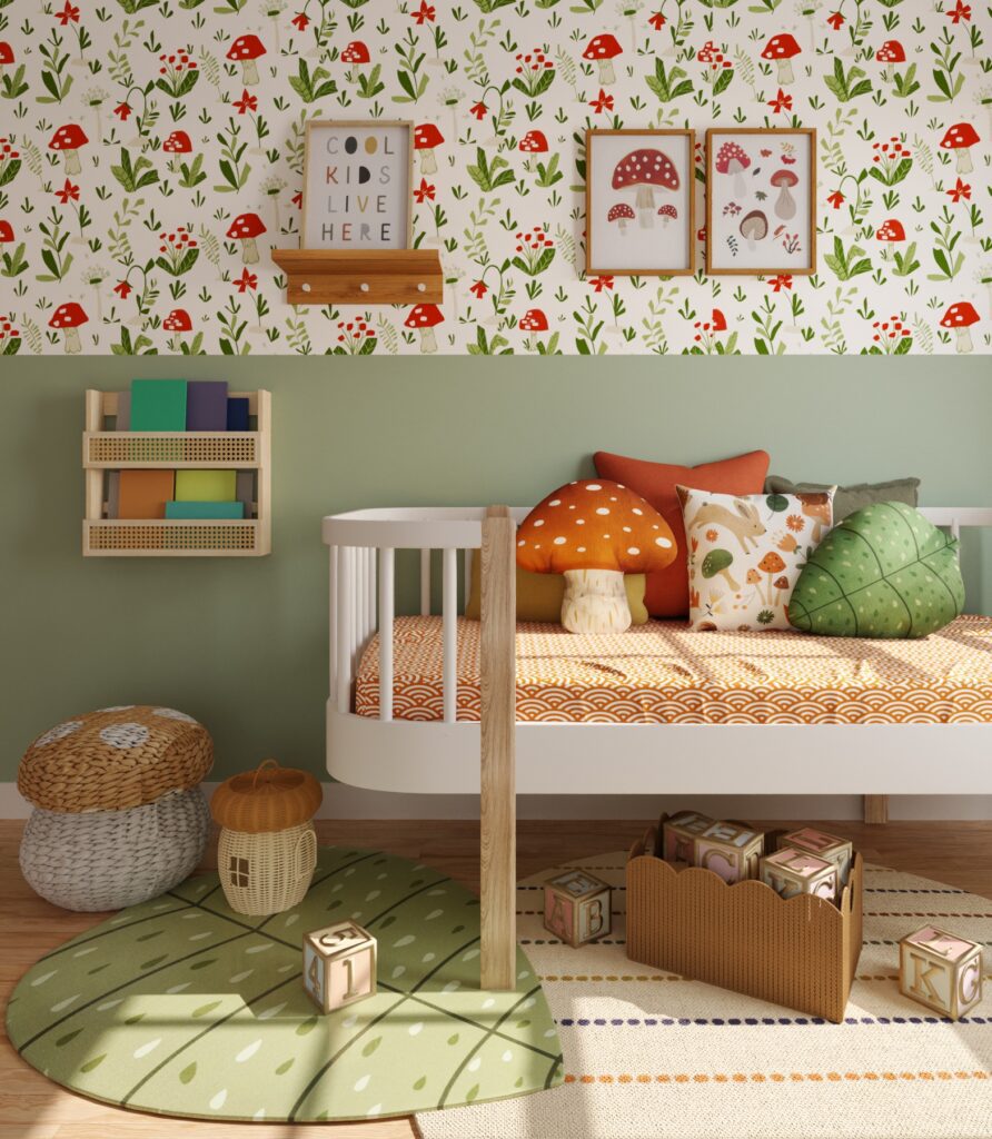 Quarto com cama, prateleiras, quadros e enfeites com decoração temática de folhas e cogumelos.