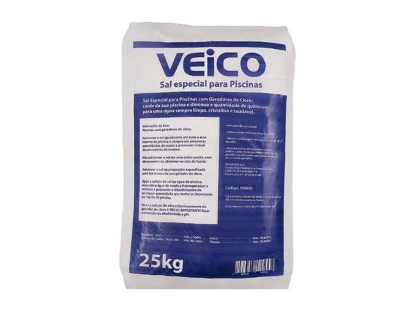 Embalagem branca de sal especial para piscinas da marca Veico.