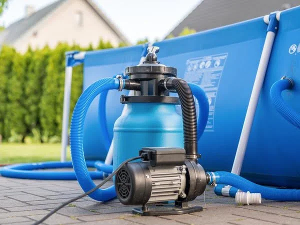 Destaque para uma bomba de piscina azul conectada a uma piscina de fibra também azul.