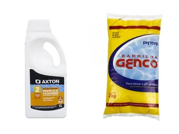 Duas embalagens de produtos químicos, um branco e um amarelo.