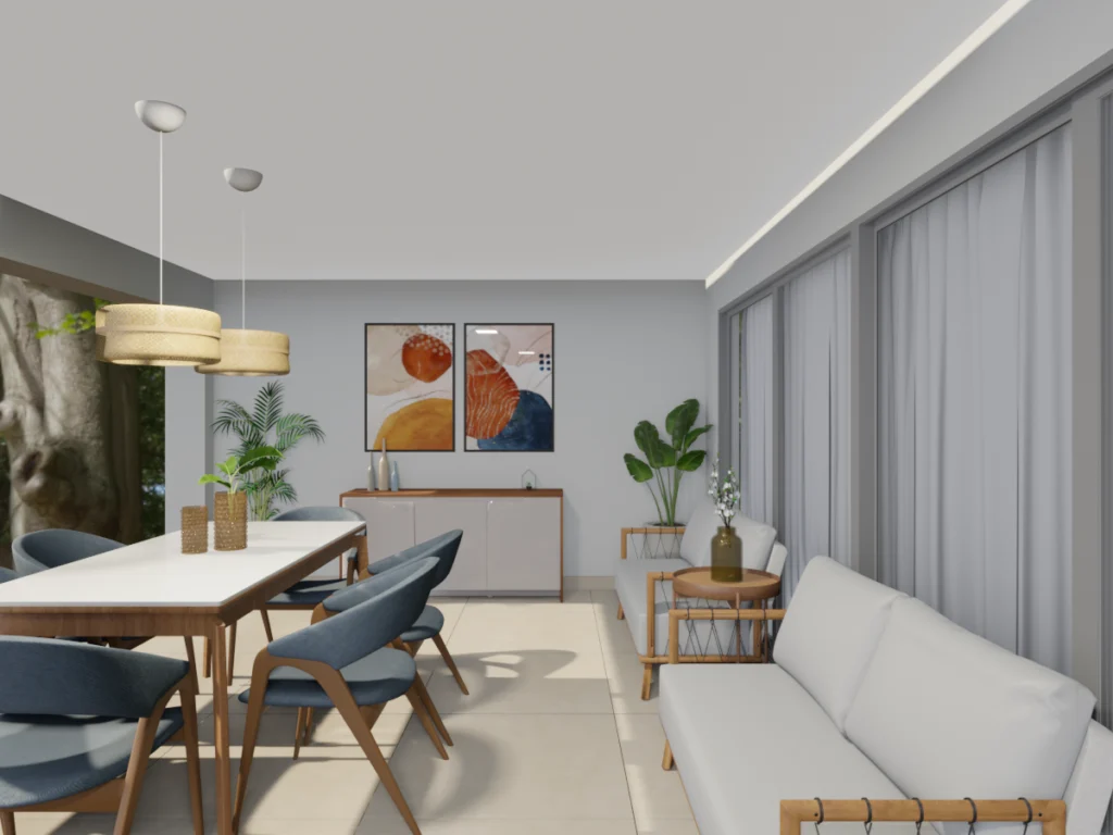 Projeto de decoração de sala de jantar com mesa e cadeiras no centro, sofás cinzas na lateral e parede com quadros e buffet.