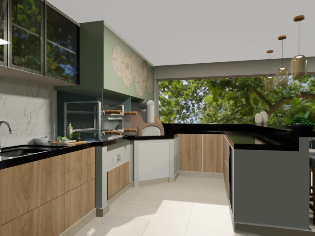 Projeto de decoração online da área com móveis planejados de madeira e tons de verde e cinza.