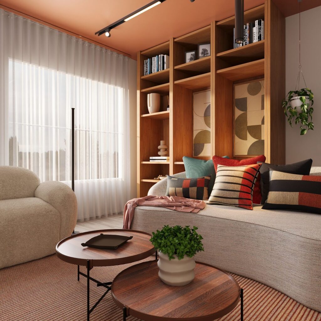 Sala com dois sofás, mesa de centro de madeira e estante de madeira, contendo almofadas e acessórios estilo design na decoração.